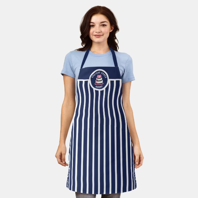 Pink Cake Curved Text Navy Blue Stripes Bakery Apron (Worn)