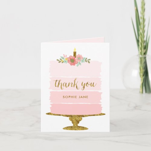 Pink Cake First Birthday Glitter Thank You Card