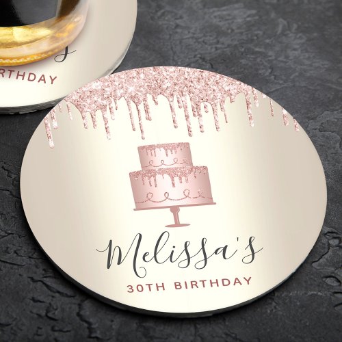 Pink cake glitter drips elegant girly gold party round paper coaster