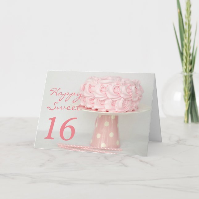 Pink Cake Happy Sweet 16 Birthday Greeting Card (Front)