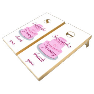 Pink Cake Hearts Wedding Couple Cornhole Set