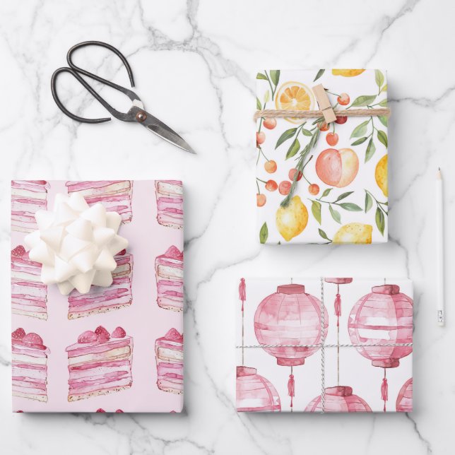 Pink Cake Lemons Lanterns Bridal Shower Wrapping Paper Sheets (Front)