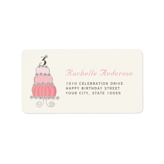 Pink Cake Number 3 Girl 3rd Birthday Party Labels (Front)