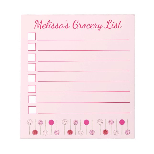 Pink Cake Pops Personalized Baking Grocery List Notepad (Front)