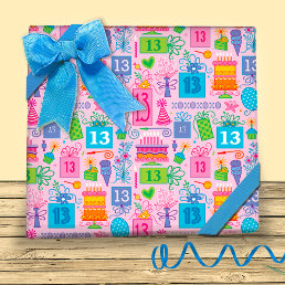 Pink Cake Presents Balloons 13th Birthday  Wrapping Paper Sheets