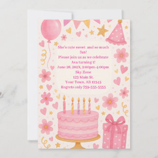 Pink Cake, Presents, Balloons, Hat Girls Birthday Invitation