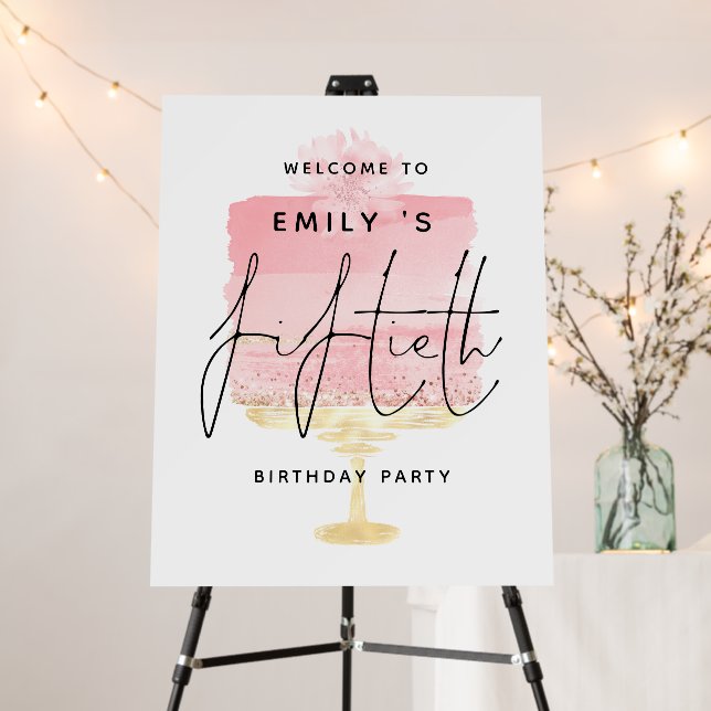 Pink Cake Script Welcome Name 50th Birthday Party Foam Board (In Situ (Stand))