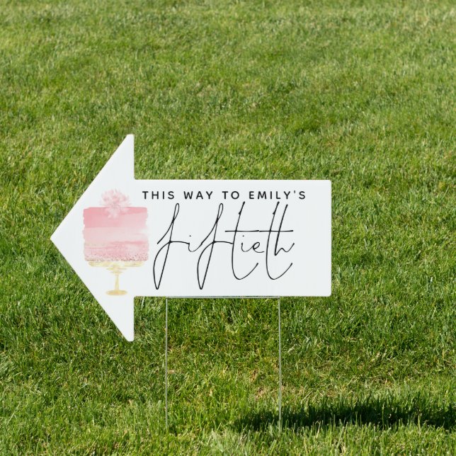 Pink Cake This Way Name 50th Party Direction Arrow Sign (Insitu)