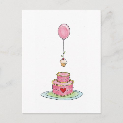 Pink Cake with Balloon and Cupcake Postcard