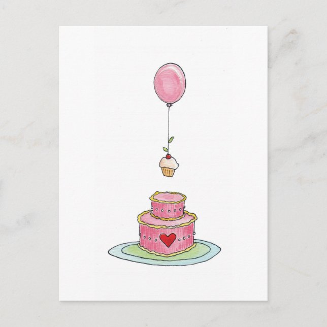 Pink Cake with Balloon and Cupcake Postcard (Front)