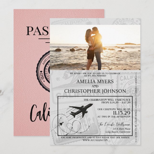 Pink California Passport Wedding Invitation (Front/Back)