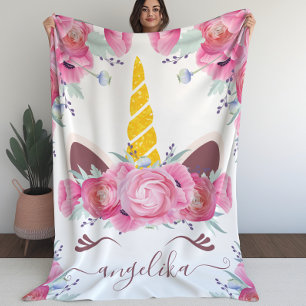 Pink California Poppies Floral Unicorn Head Fleece Blanket