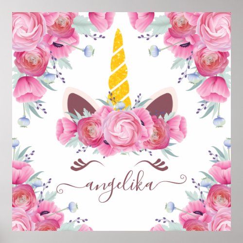 Pink California Poppies Floral Unicorn Head Poster