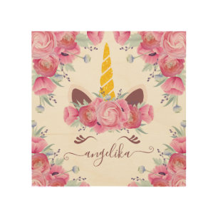 Pink California Poppies Floral Unicorn Head Wood Wall Art