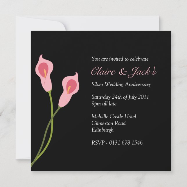 Pink Calla Lilies Anniversary Party -black Invitation (Front)