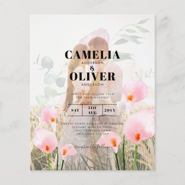 PINK CALLA LILIES PHOTO OVERLAY WEDDING INVITE FLYER (Front)
