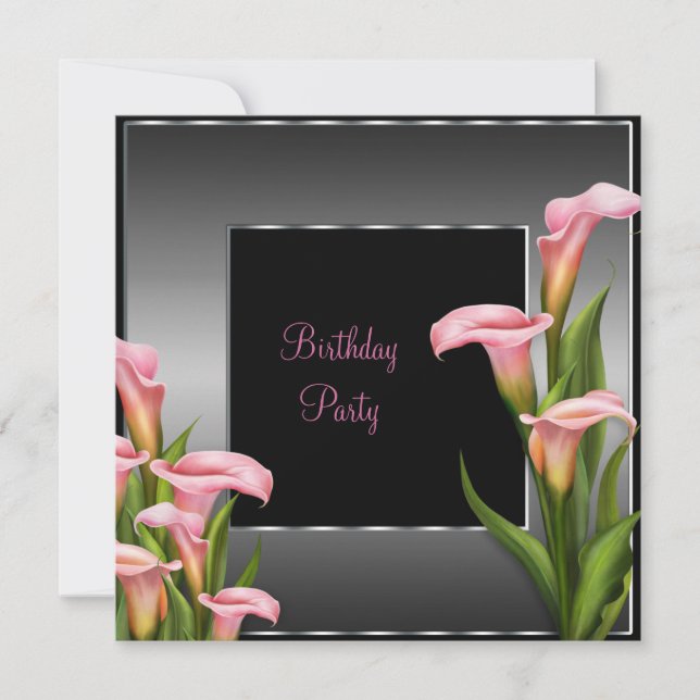 Pink Calla Lily Black Birthday Party Invitation (Front)