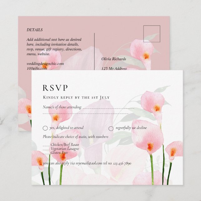 Pink Calla Lily Bouquet Wedding RSVP Postcard (Front/Back)