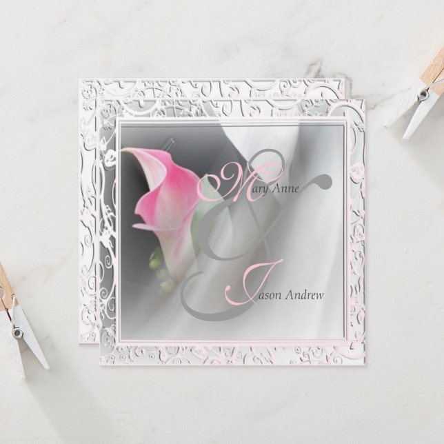 Pink Calla Lily Flourish Frame Wedding Invitation (Front/Back In Situ)