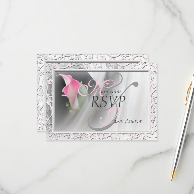 Pink Calla Lily Flourish Frame Wedding RSVP Card (Front/Back In Situ)