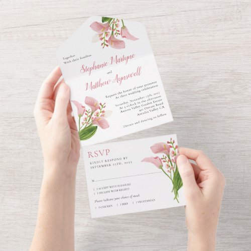 Pink Calla Lily Watercolor Floral Wedding All In One Invitation