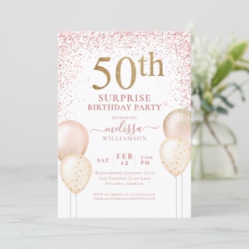 Pink Calligraphy Glitter Surprise 50th Birthday Invitation