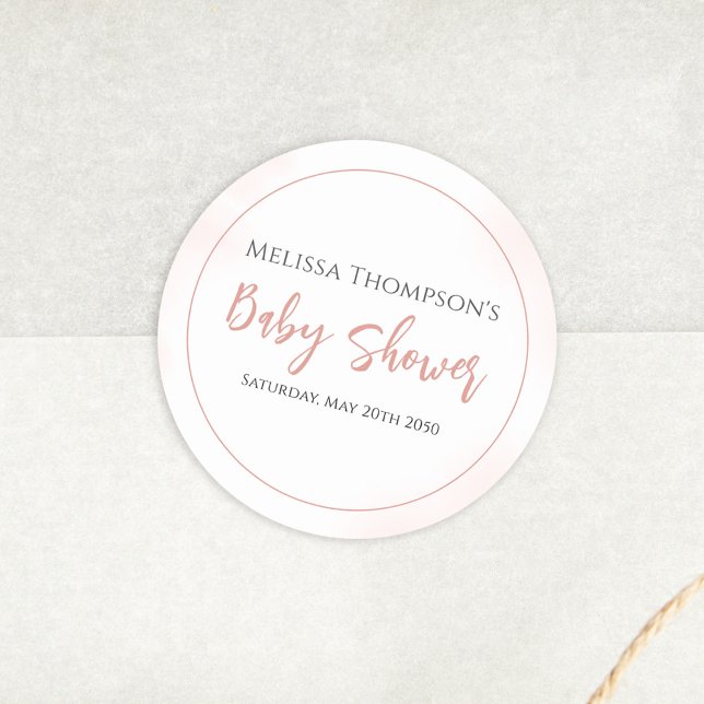 Pink Calligraphy Script Baby Shower Custom Classic Round Sticker (Creator Uploaded)