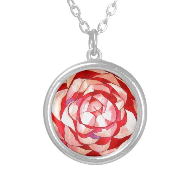 Pink Camellia abstract original art painting Silver Plated Necklace (Front)