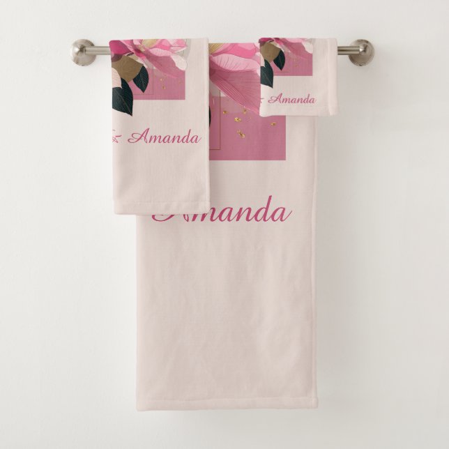 Pink Camellia Bloom Bath Towel Set (Insitu)