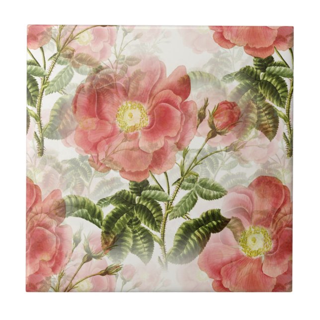 Pink Camellia Floral Pattern Ceramic Tile (Front)