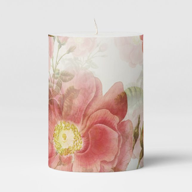 Pink Camellia Floral Pattern Pillar Candle (Front)