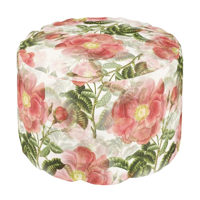 Pink Camellia Floral Pattern Pouf (Angled Front)