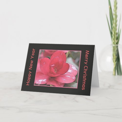 Pink Camellia flower Christmas and New Year Holiday Card