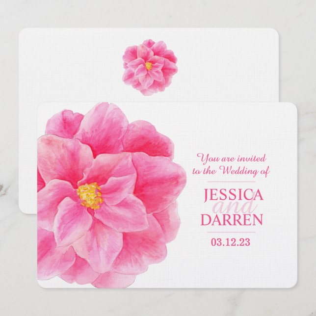 Pink camellia flower watercolor wedding invite (Front/Back)