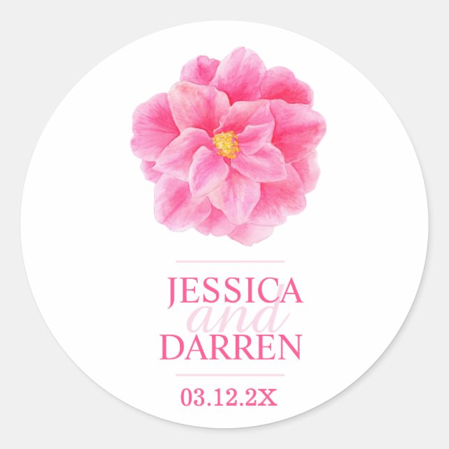 Pink camellia flower wedding sticker (Front)