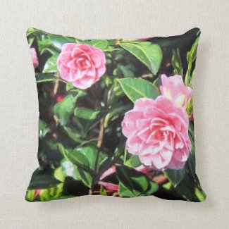 Pink Camellias Digital Painting Throw Pillow
