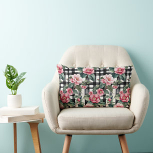Pink Camellias On Black And White Plaid Stripes Lumbar Pillow
