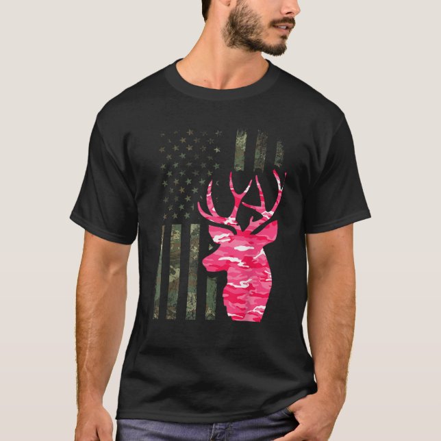 Pink Camo American Flag Camouflage Buck Hunting Wo T-Shirt (Front)