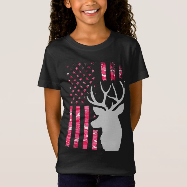 Pink Camo American Flag Camouflage Buck Hunting Wo T-Shirt (Front)