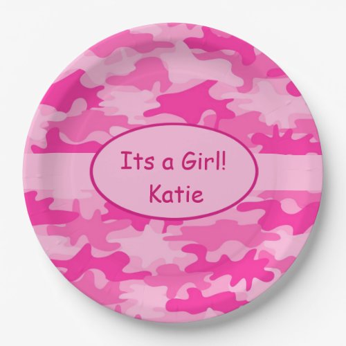 Pink Camo and Name Its A Girl Baby Shower Paper Plates