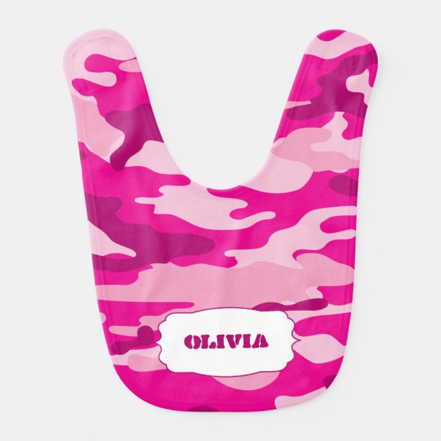 Pink Camo Baby Bib with name / camouflage (Front)