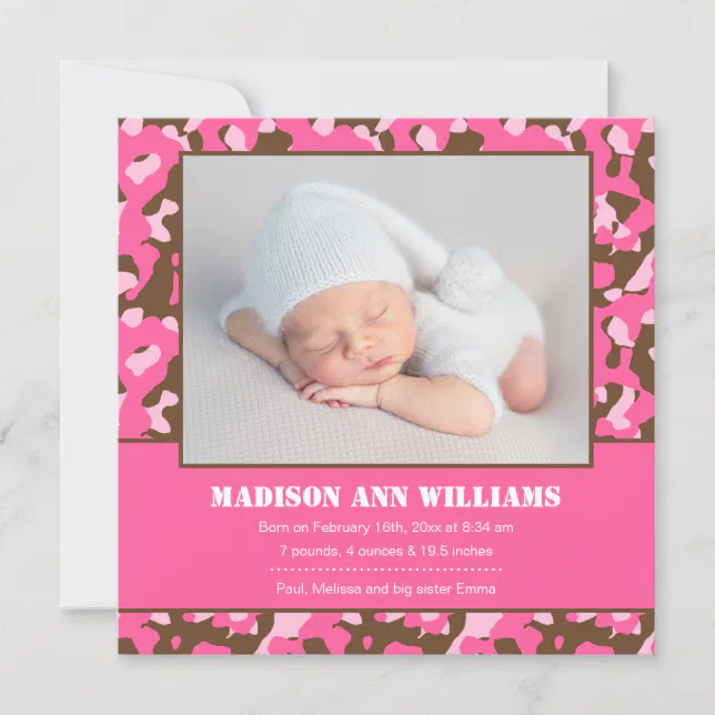 Pink Camo Baby Photo Birth Announcement (Front)