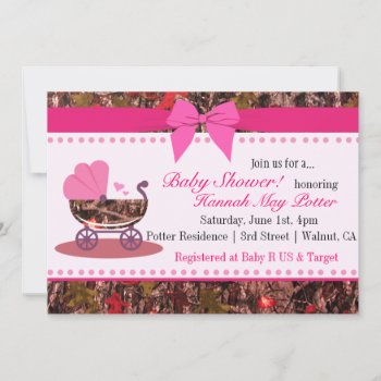 Pink Camo Baby Shower Party Invitation by CleanGreenDesigns at Zazzle