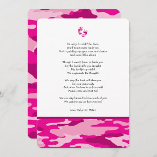 Pink Camo baby shower thank you note with poem Invitation