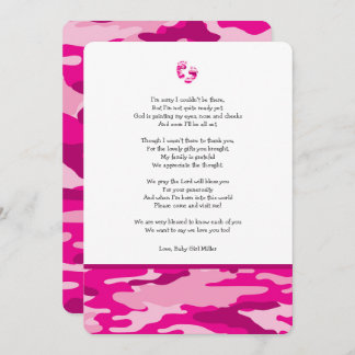 Pink Camo baby shower thank you note with poem Invitation