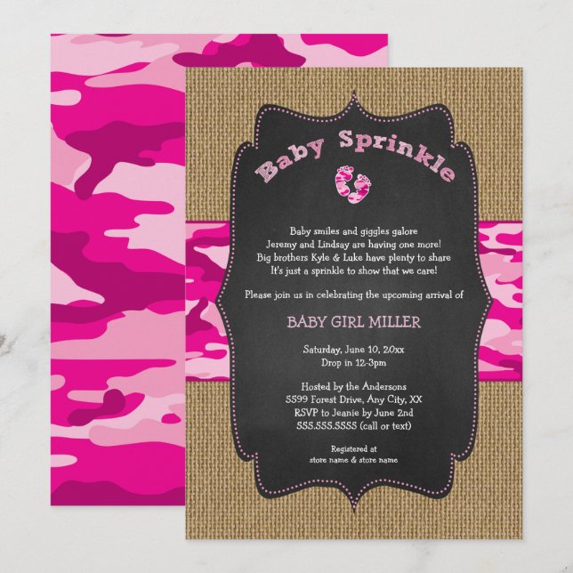 Pink Camo Baby Sprinkle Invite, camouflage burlap Invitation (Front/Back)