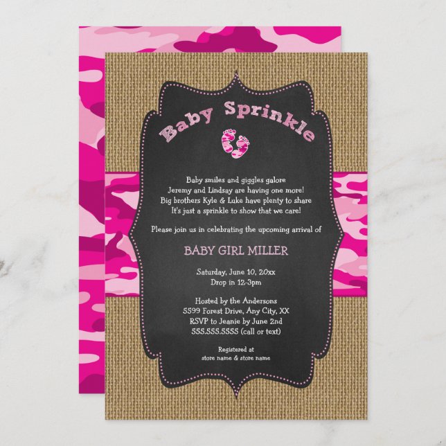 Pink Camo Baby Sprinkle Invite, camouflage burlap Invitation (Front/Back)