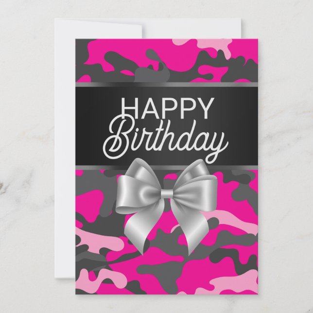 Pink Camo & Bow Happy Birthday Day Card (Front)