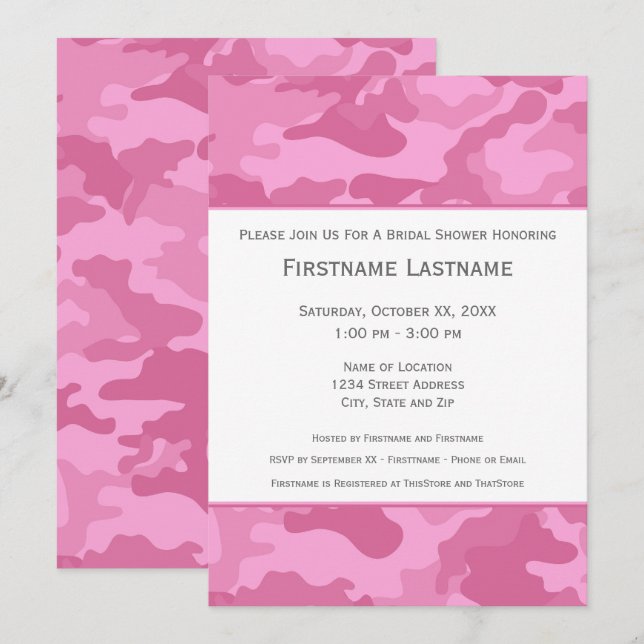 Pink Camo Bridal Shower or Engagement Party Invitation (Front/Back)