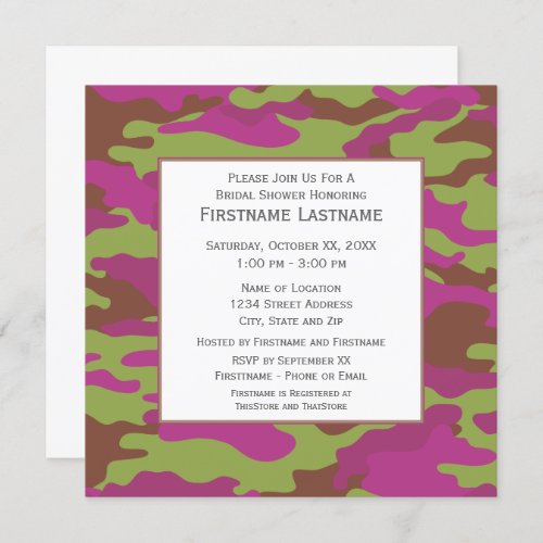 Pink Camo Bridal Shower or Engagement Party Invitation